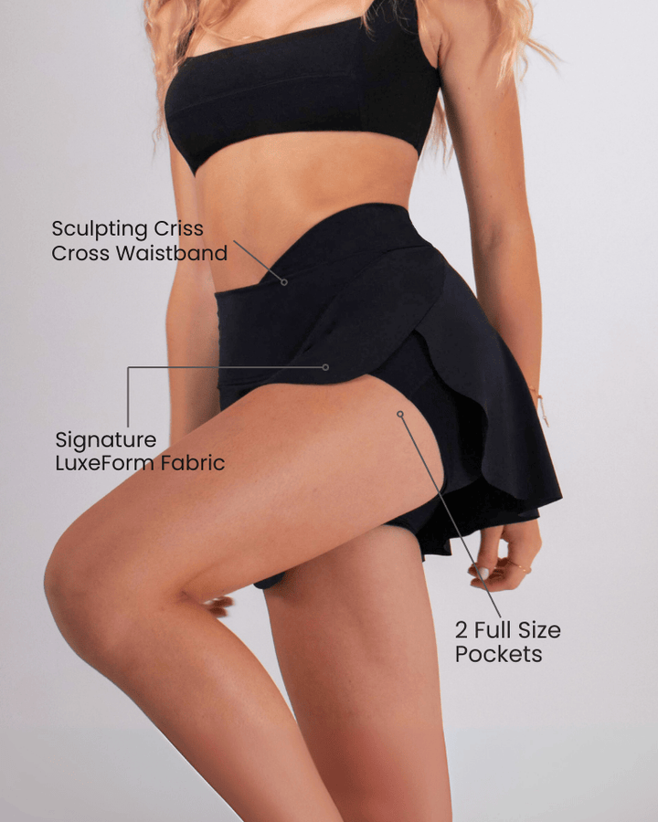 LuxeForm fabric detail on the Women's Athletic Skort with Built-In Shorts & Pockets - Black