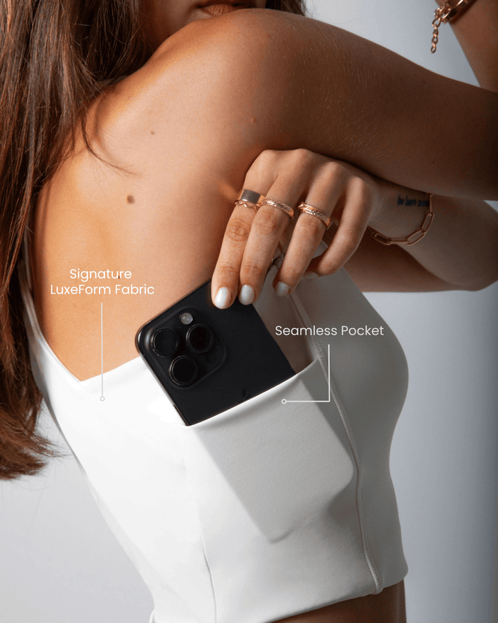 LuxeForm fabric detail on the Women's Workout Tank Top with Phone Pockets - Beige
