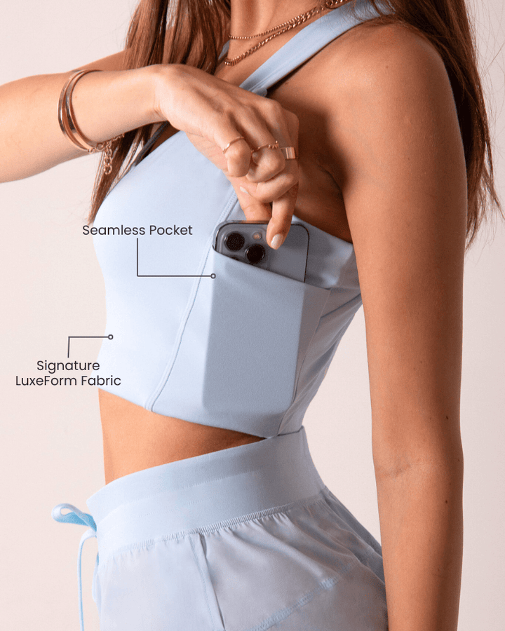 LuxeForm fabric detail on the Women's Workout Tank Top with Phone Pockets - Baby Blue