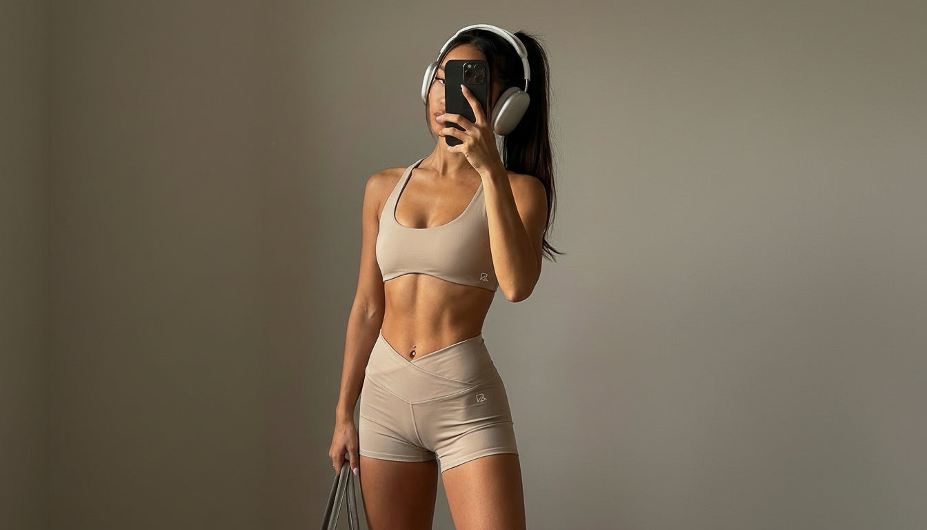 brown activewear sports bra running shorts mocha color