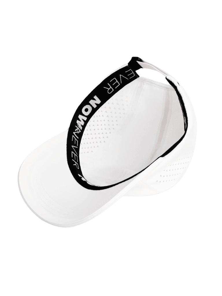 White baseball cap, underside view.