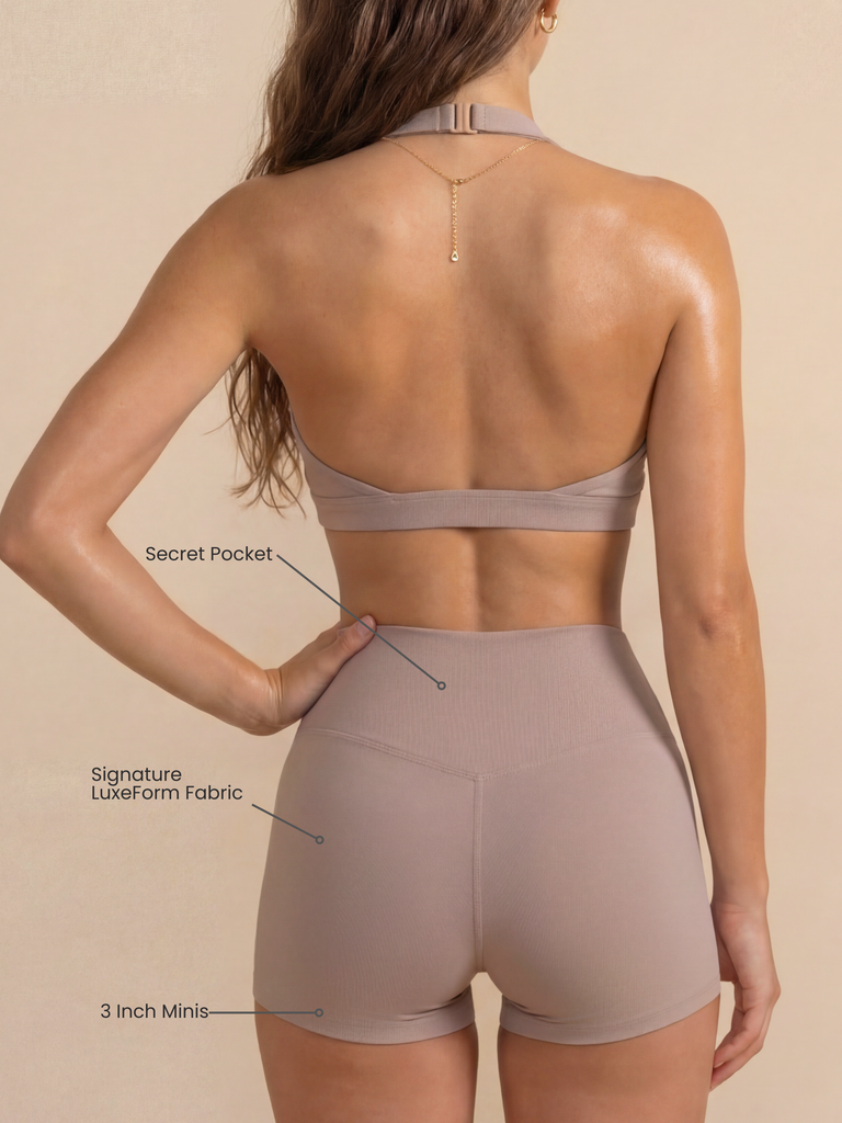 Brown mini shorts with matching workout set 