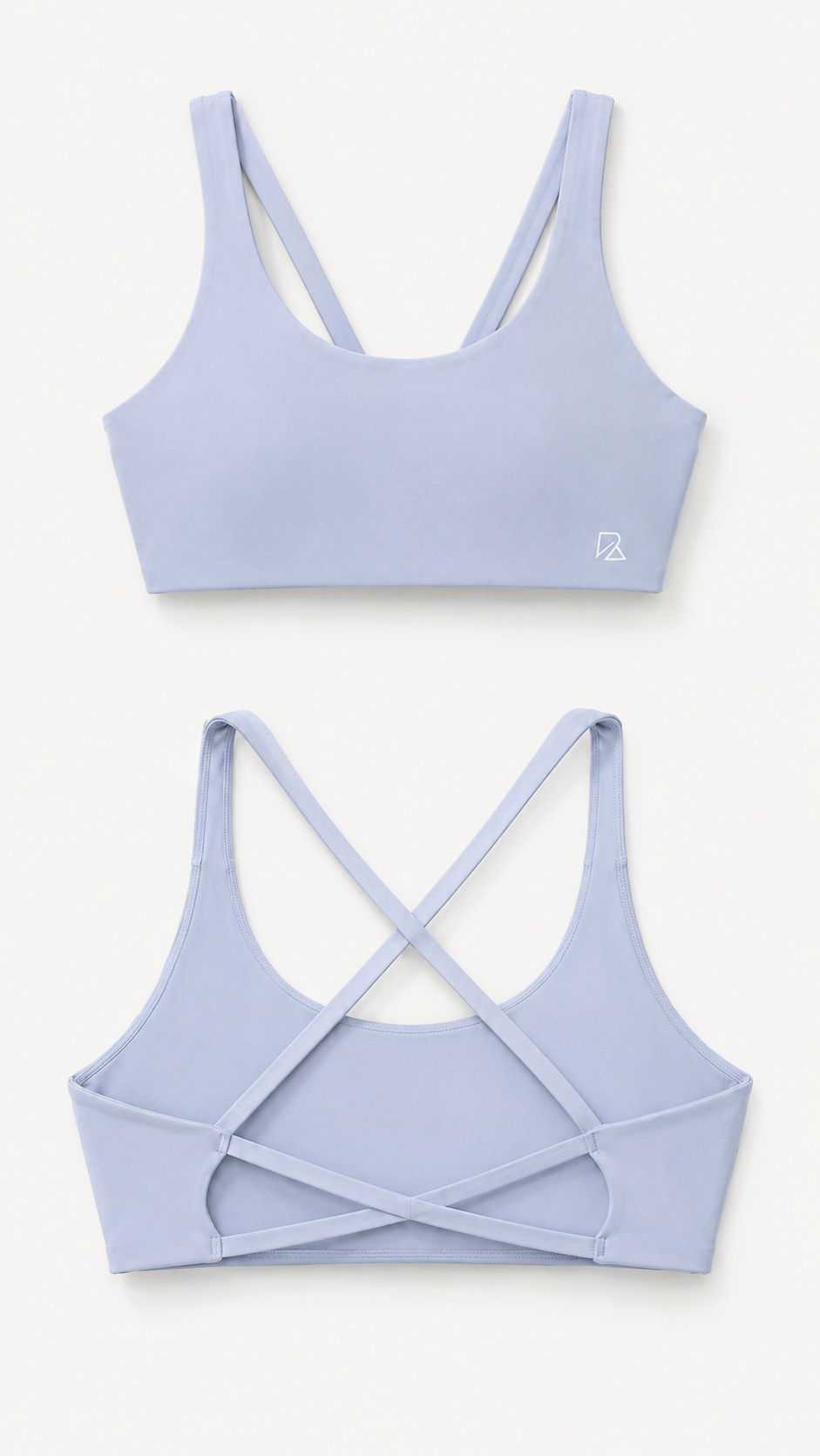 Strappy Open-Back Sports Bra in Cloud Blue, flat lay