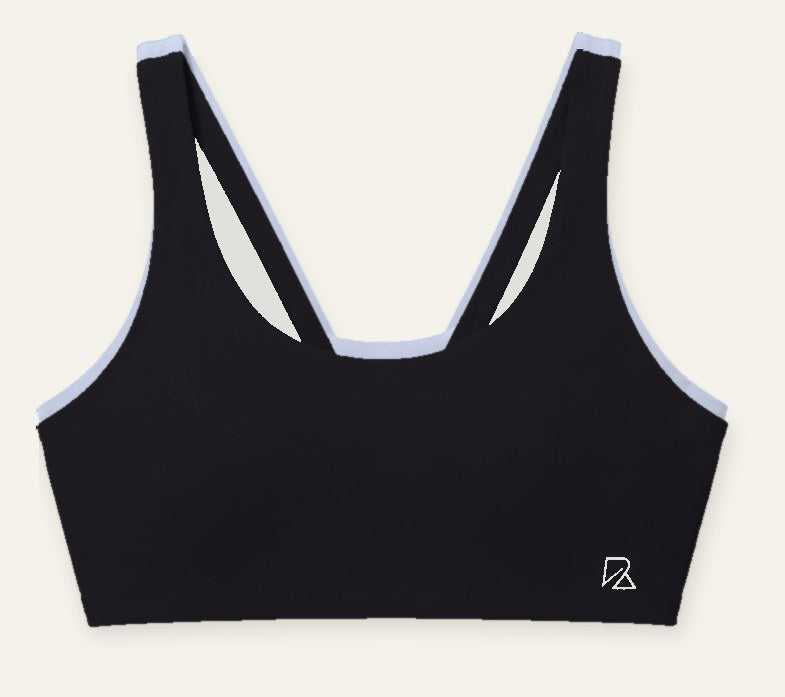 Black Hot Girl Strappy Bra layered over Cloud Blue
