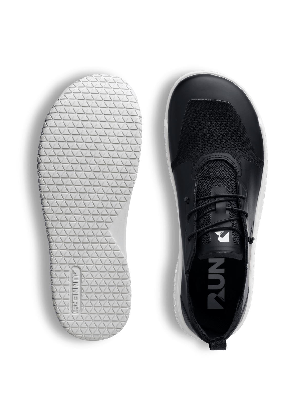 Black minimalist barefoot trainer shoe – wide toe box with Zero-drop black minimalist outsole with flexible rubber
