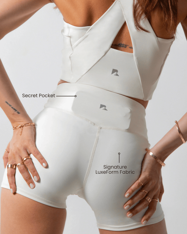 LuxeForm fabric detail on the Women's Sculpting Workout Shorts 5 Inch - Beige
