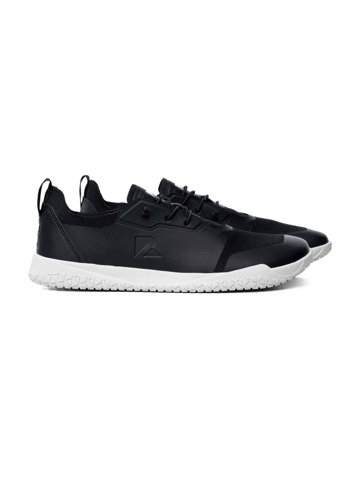 Pair of black hybrid barefoot trainers with white soles, minimalist design, Runner's Athletics.