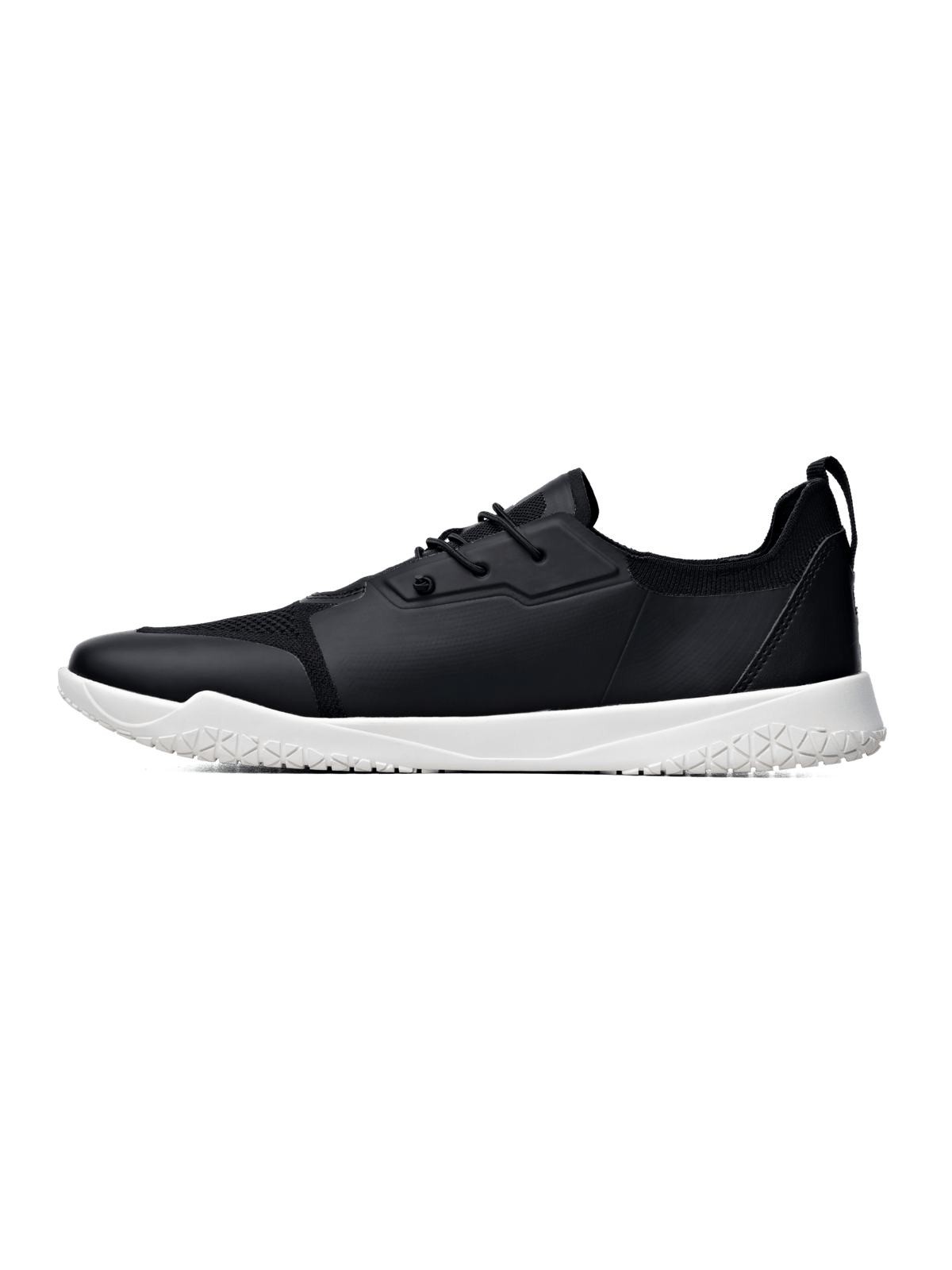 Black minimalist barefoot trainer with white sole, premium athletic design from Runner's Athletics.
