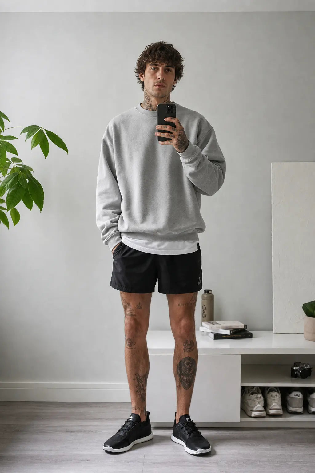 Black mens barefoot trainer minimalist shoe on model grey sweatshirt mirror lifestyle shot