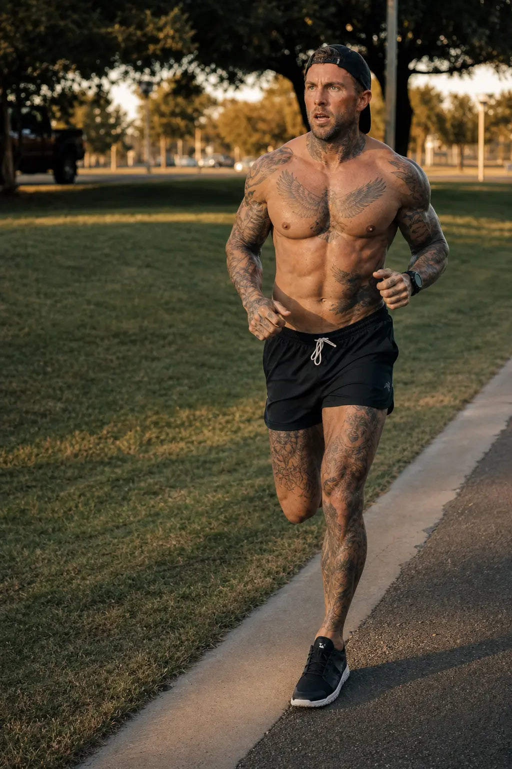 Black mens barefoot trainer minimalist shoe on model running shirtless at golden hour in park