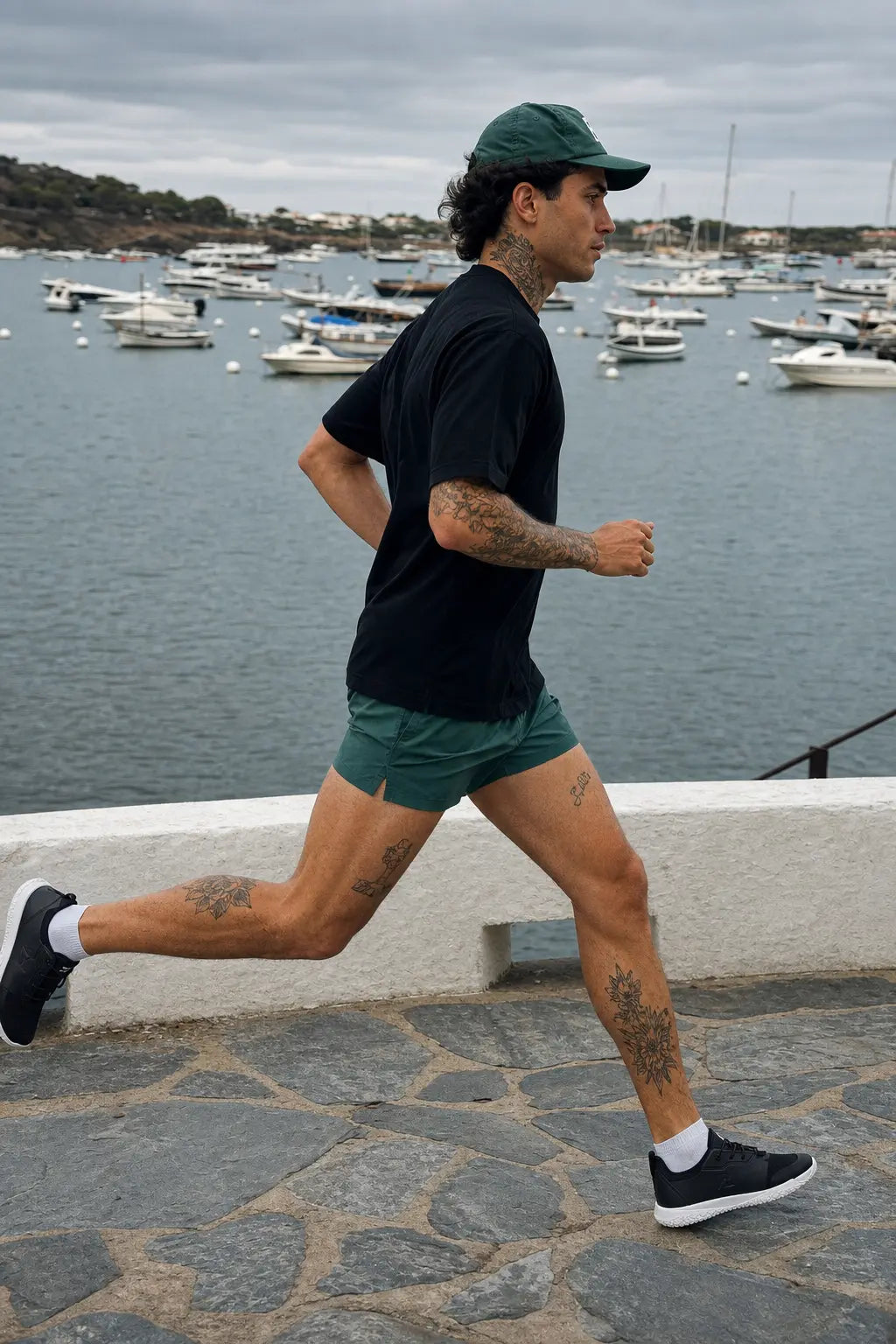 Black mens minimalist barefoot trainer on model running