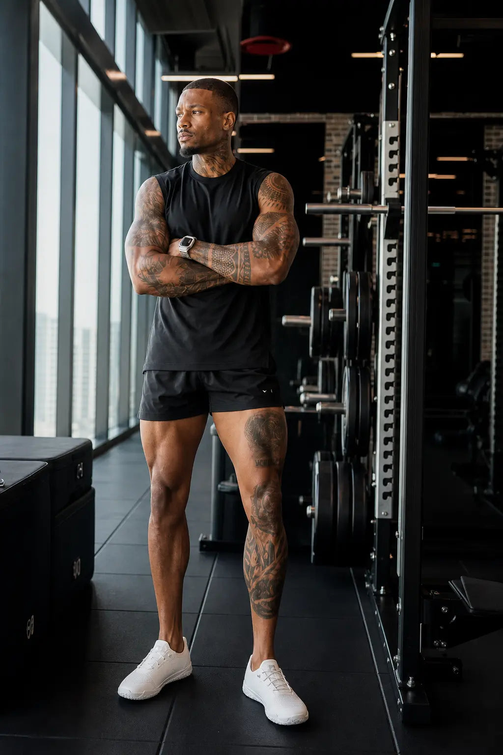 White mens minimalist barefoot trainer on model at gym with weight rack background