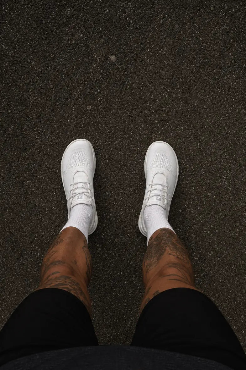 White mens barefoot trainer minimalist shoe overhead detail shot