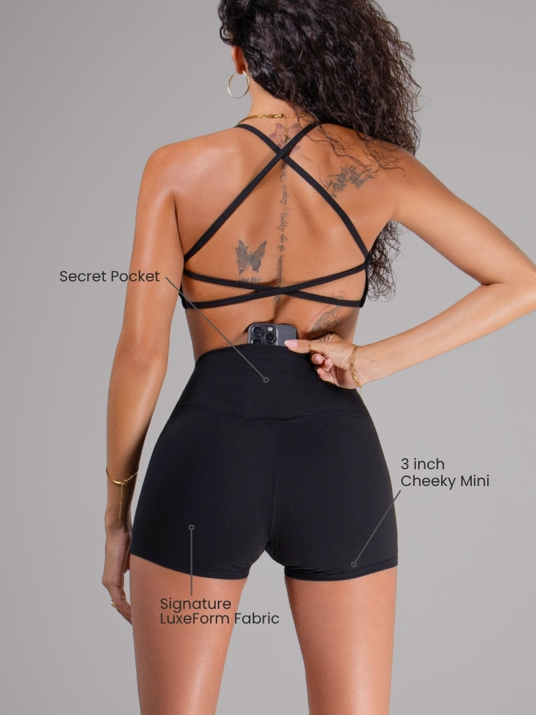 Runner's Athletics LuxeForm mini sculpting shorts 3-inch - back view with secret pocket feature