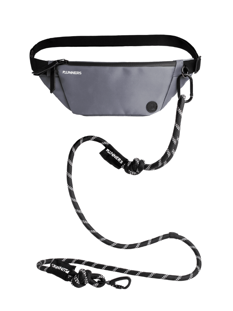 Gray waist pouch with black strap and rope-style hands-free dog leash - Runner's Athletics