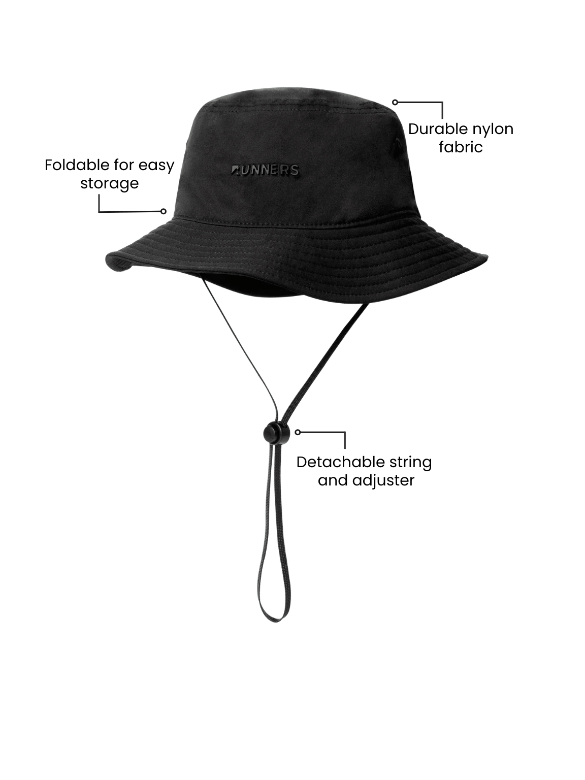 Black bucket hat with string diagram showing adjustable chin strap and breathable vents.