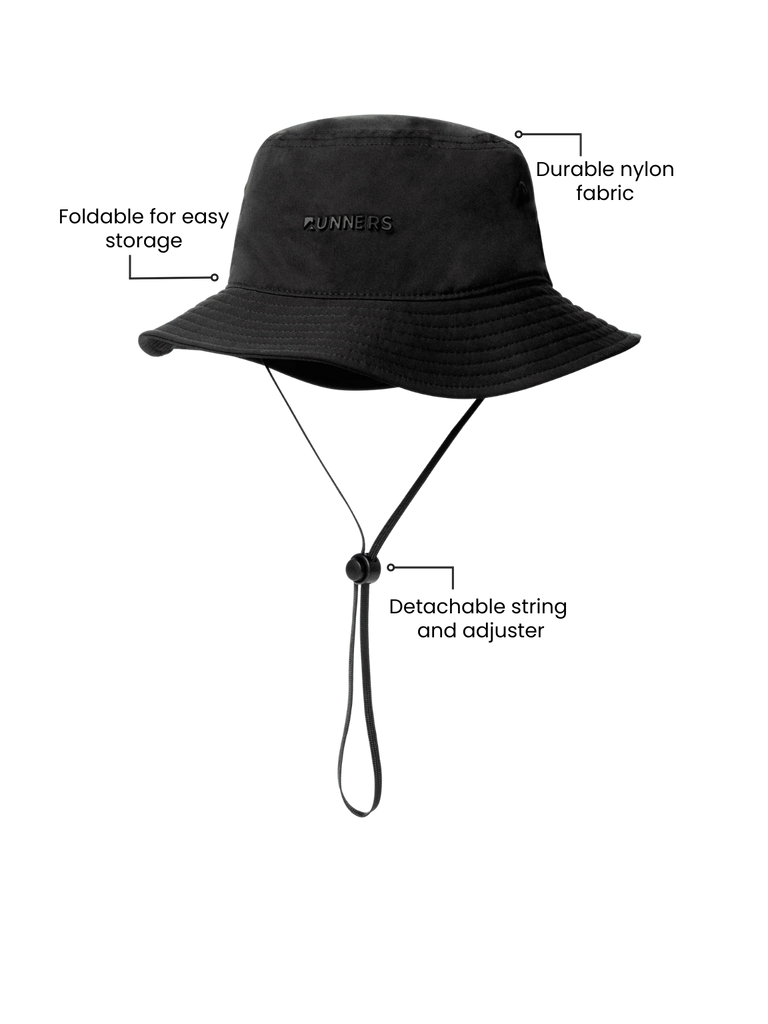 Runners black bucket hat front view on white background showing unisex design.