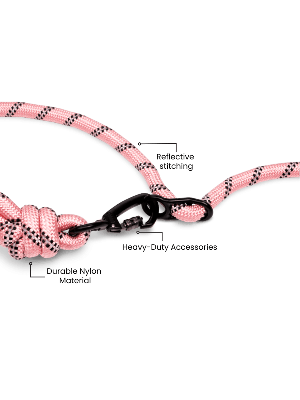 Pink dog leash with black pattern on a clear background