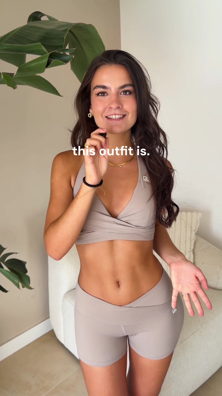 Try-on of the Mocha Taupe mini sculpting shorts and halter bra with the phone pocket