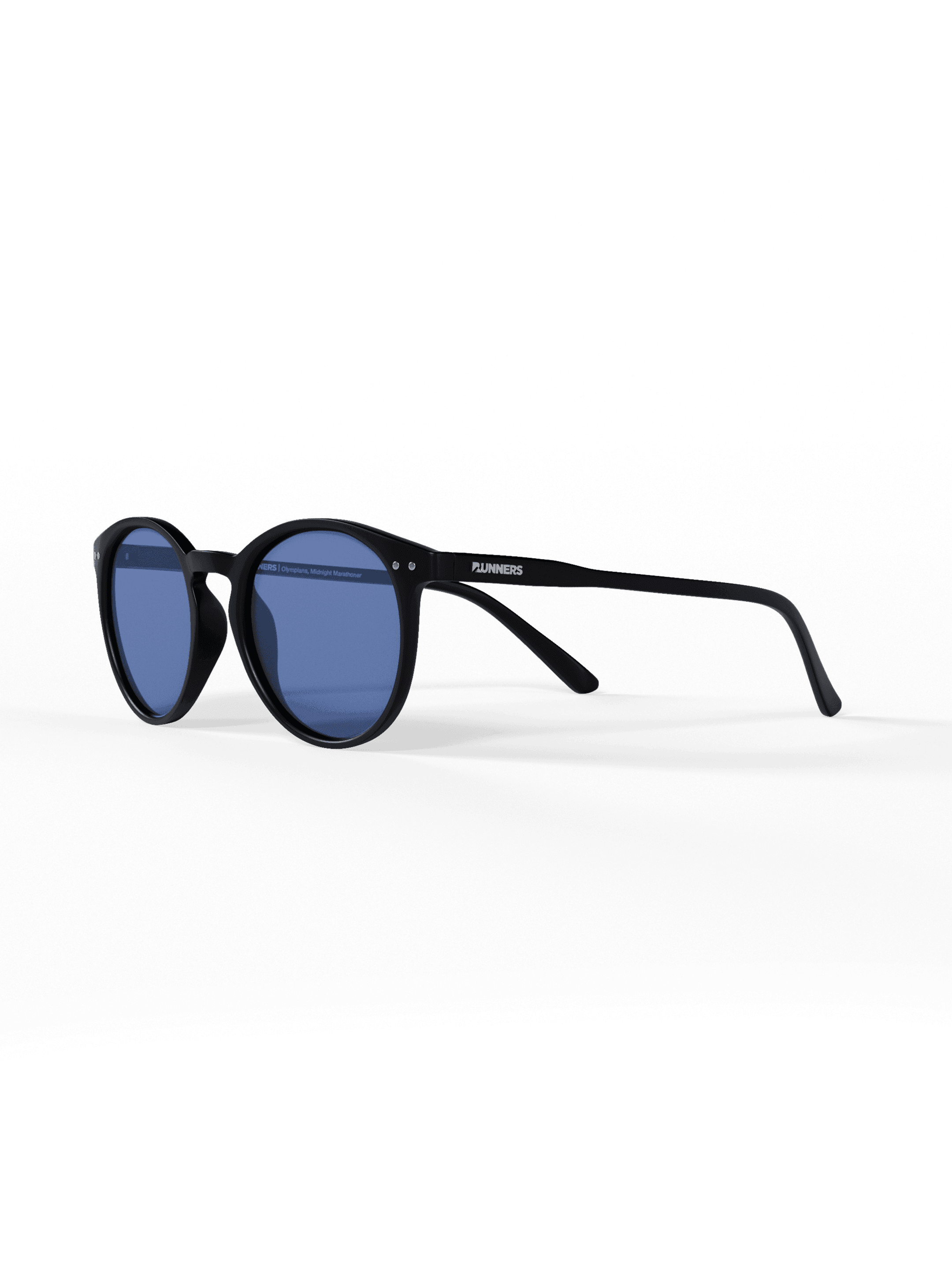 Black sunglasses with blue lenses on a black and green gradient background