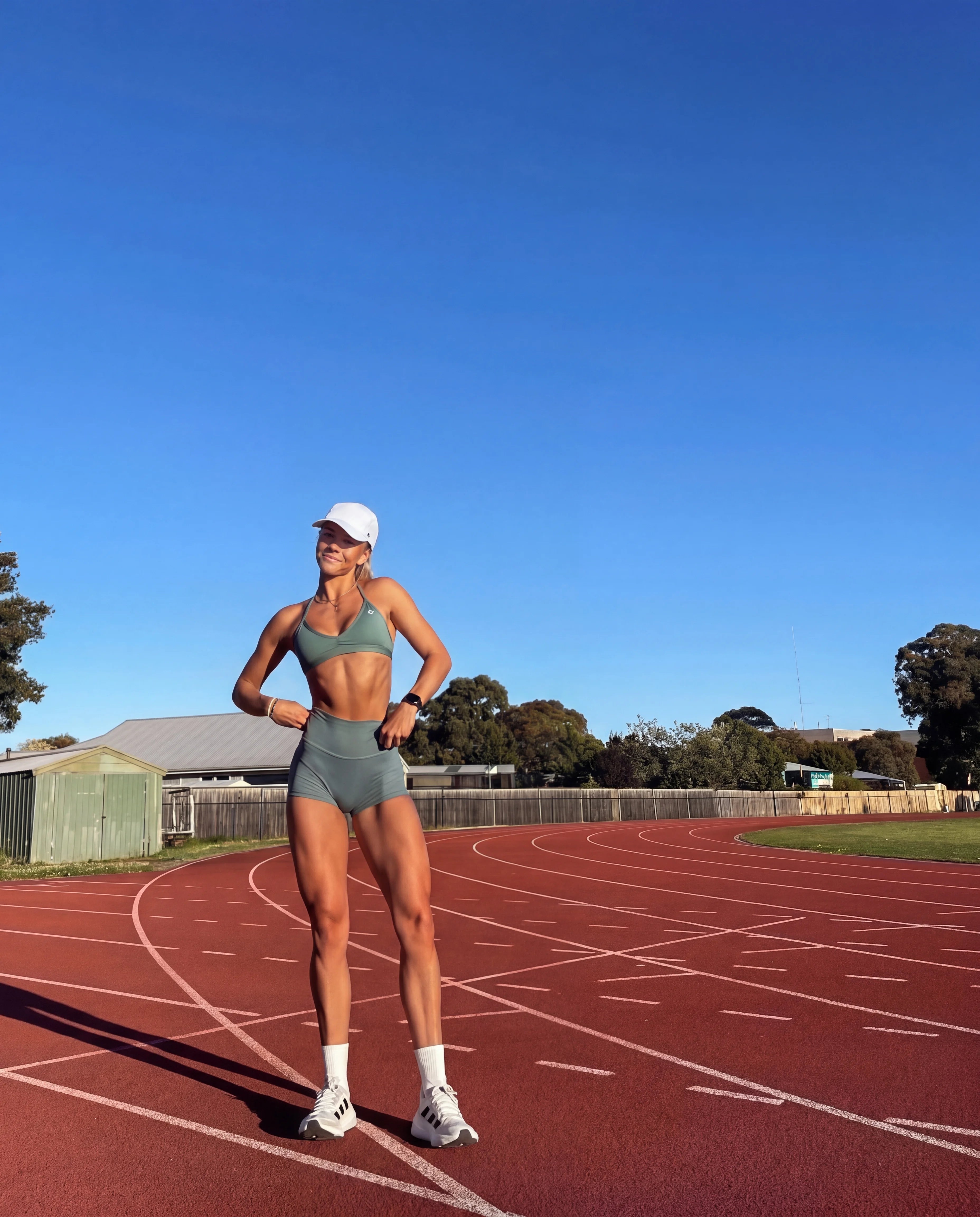 White running hat and sage green sports bra on athletics track