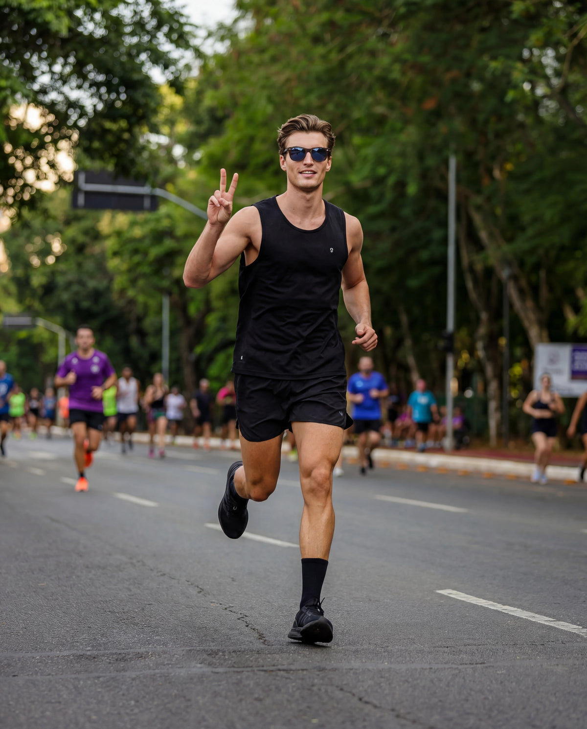 Man running in road race wearing black running sunglasses with blue lenses from Runners Athletics
