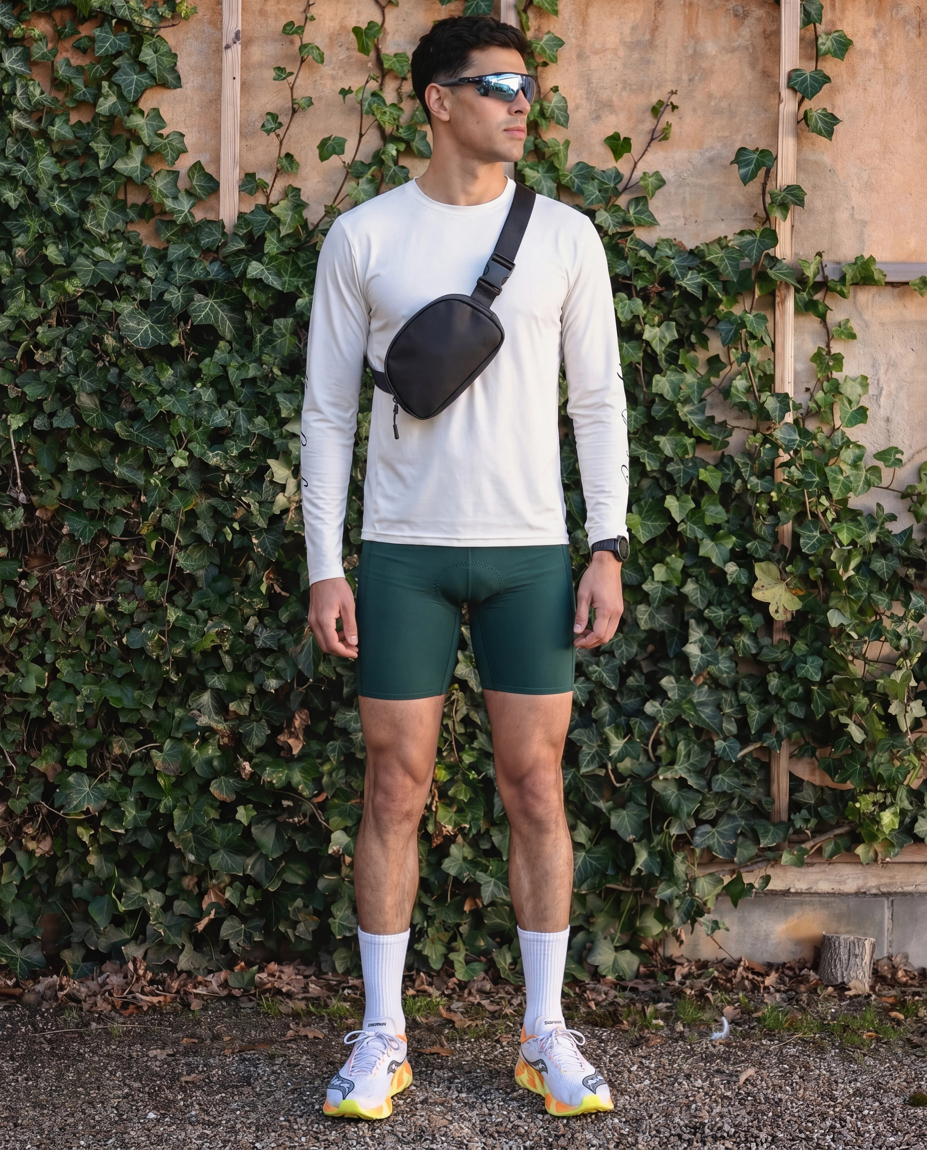 Black crossbody sling bag on man in running outfit full body ivy wall