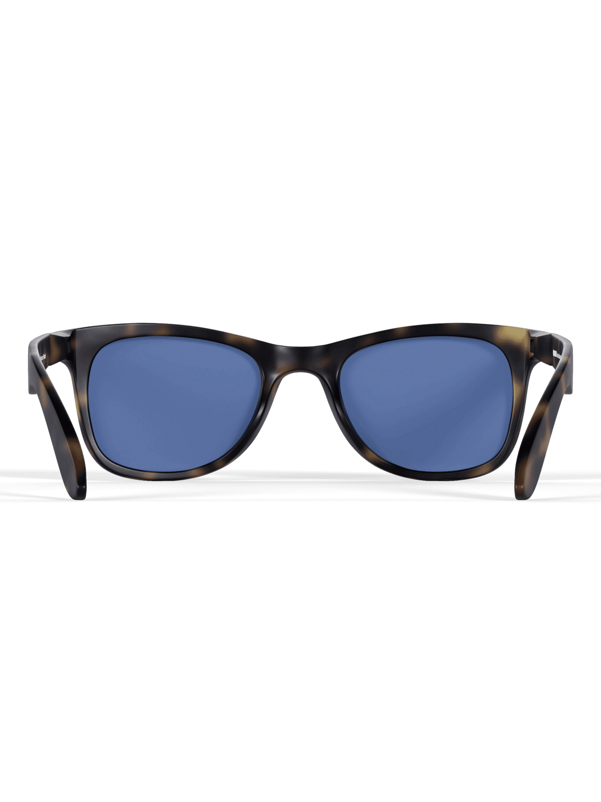 Sunglasses with blue lenses and tortoise shell frames.
