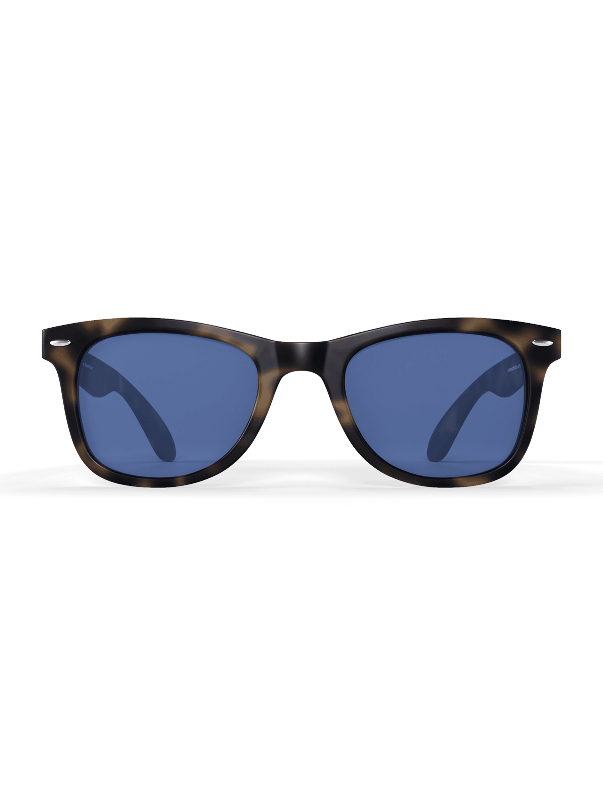 Tortoiseshell sunglasses with blue lenses on black background.