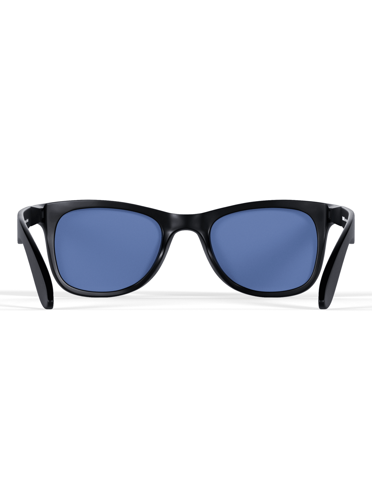 Black sunglasses with blue lenses.