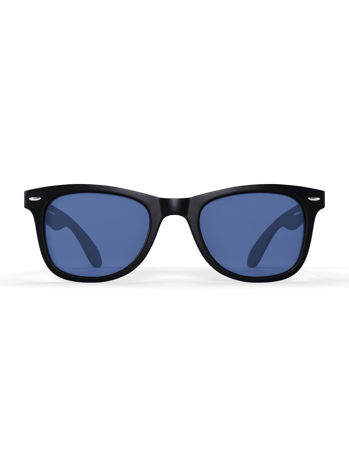Black-framed sunglasses with blue lenses.
