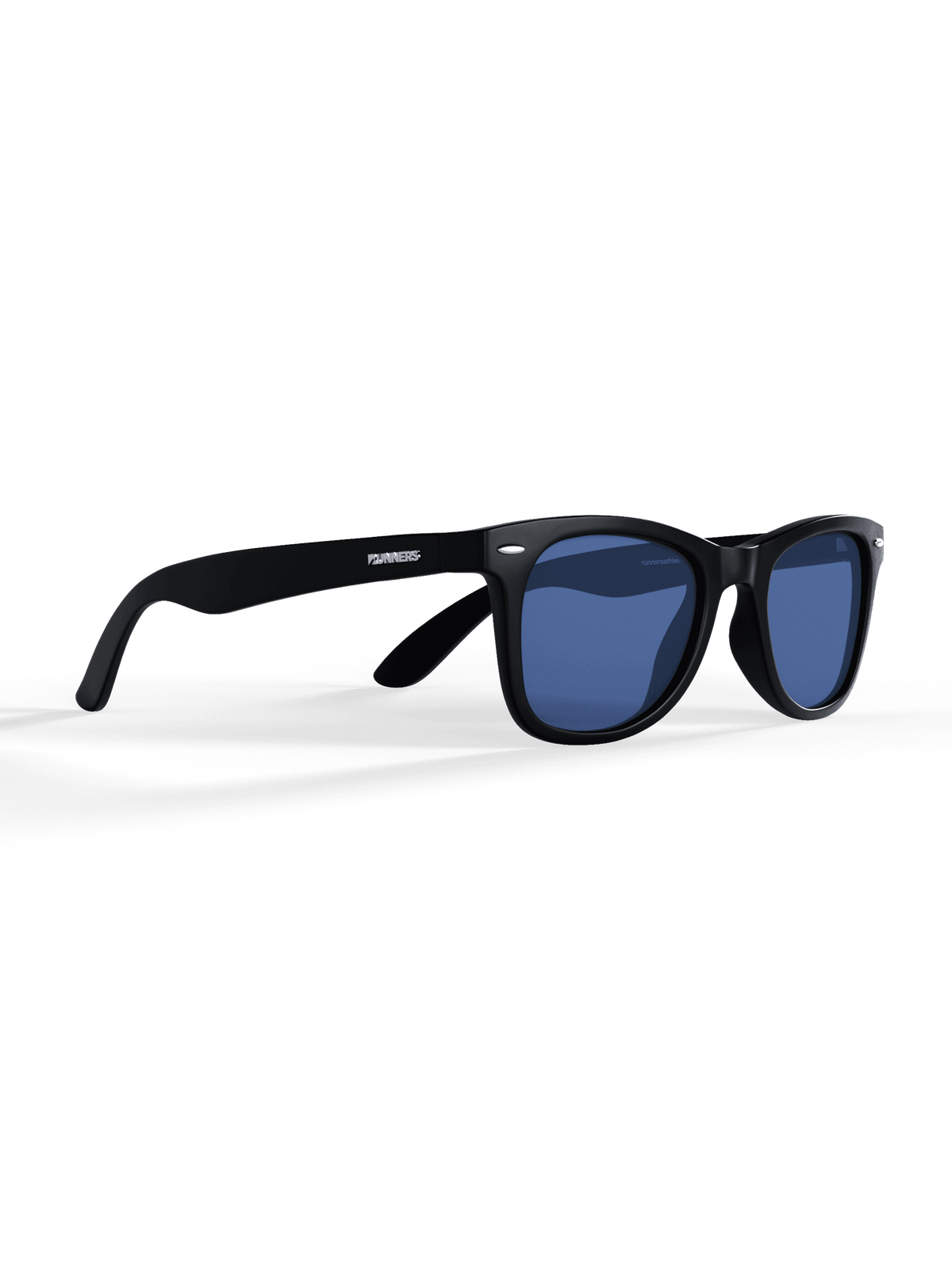 Black sunglasses with blue lenses.