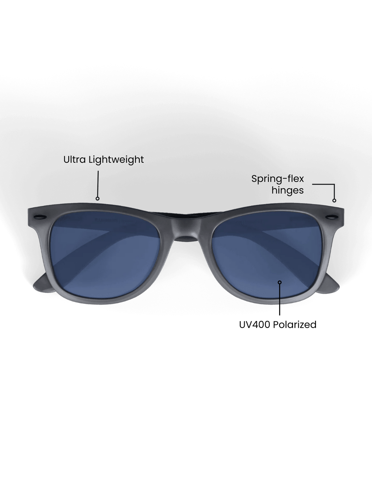 Sunglasses with blue lenses and gray frame on a black and green gradient background