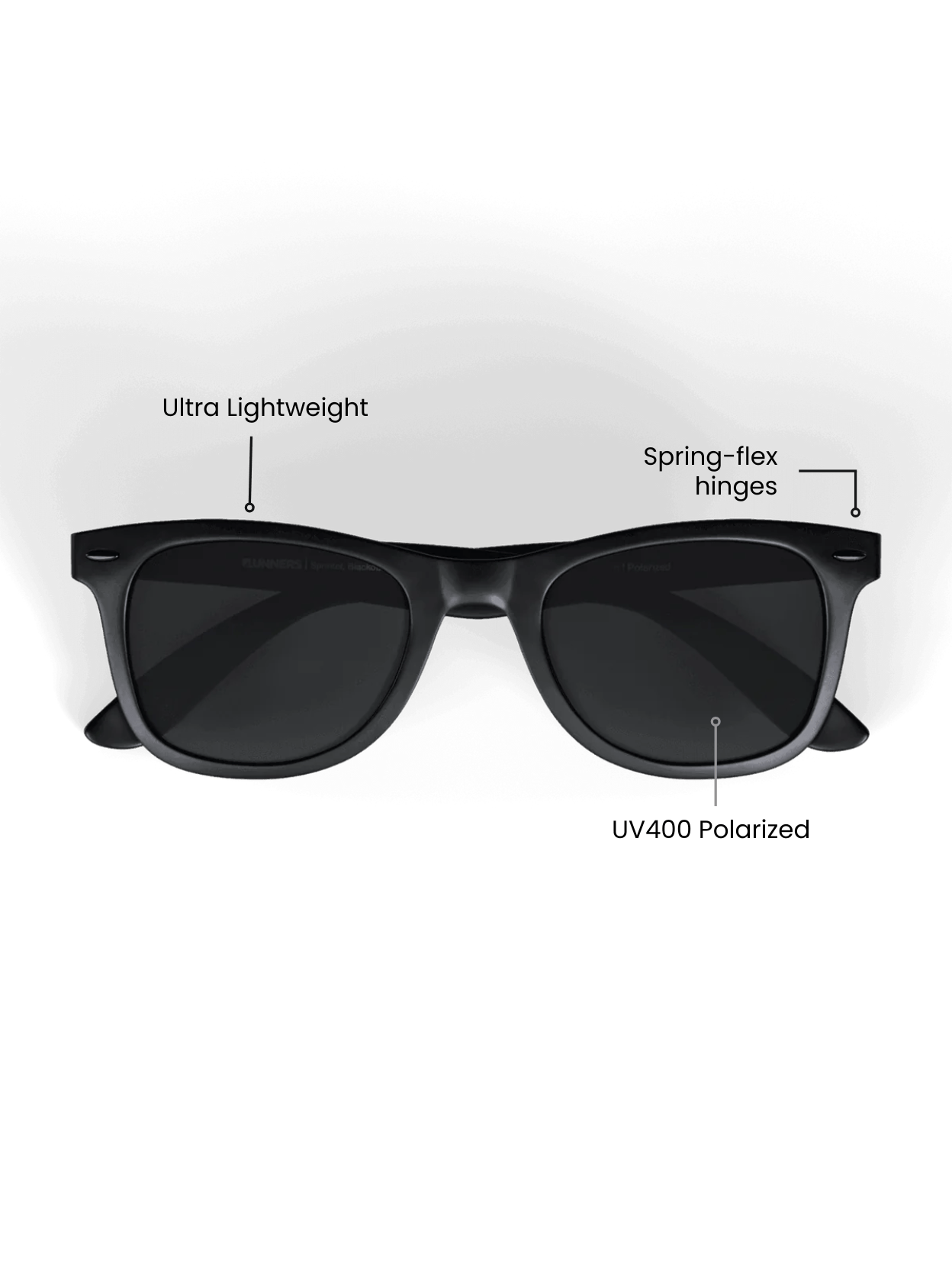 Black sunglasses with UV400 Polarized label on a transparent background