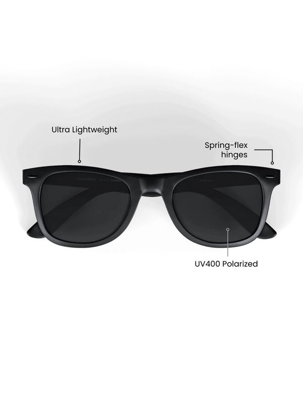 Black sunglasses with UV400 Polarized label on a transparent background