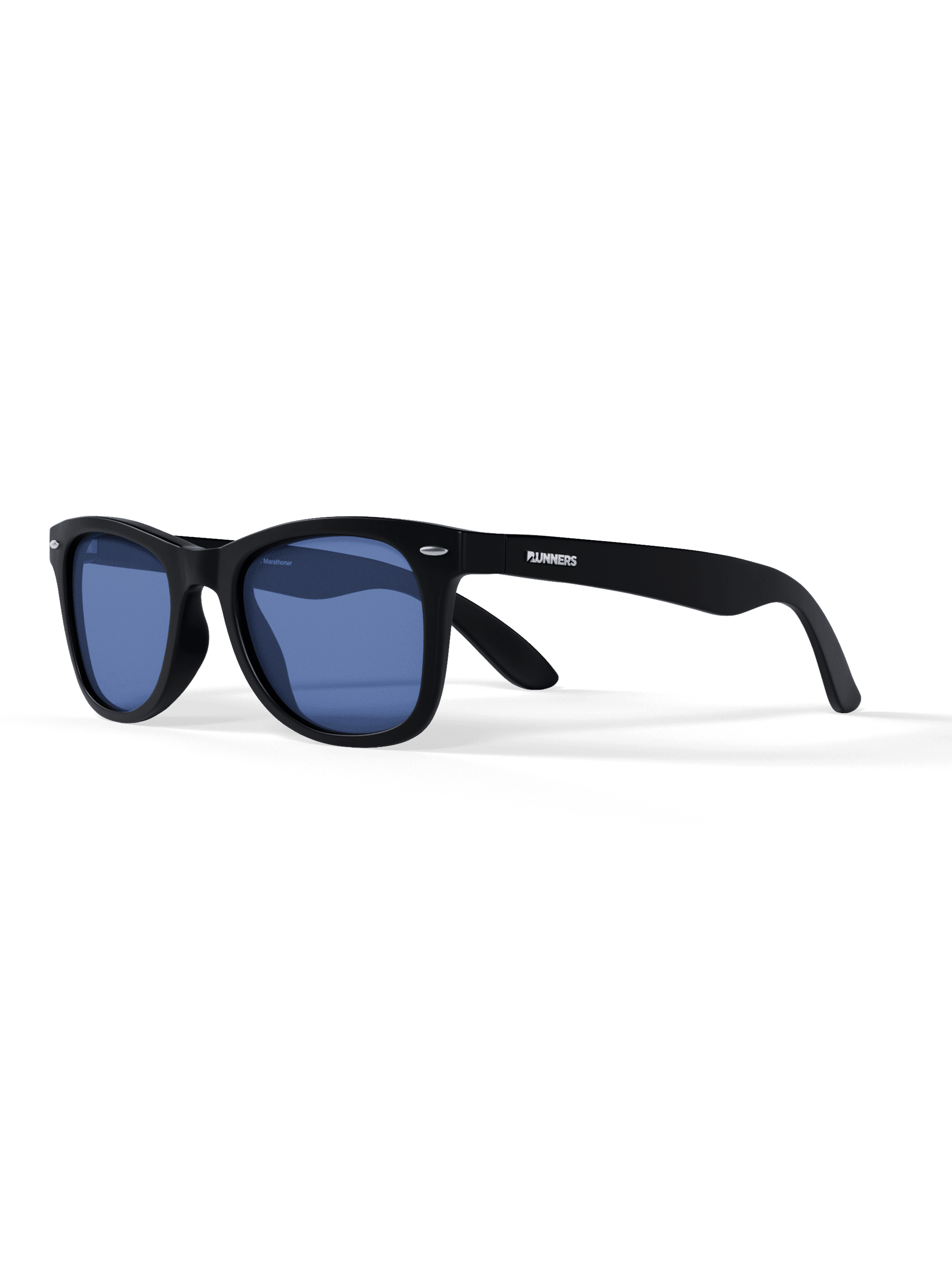 Black sunglasses with blue lenses on a transparent background