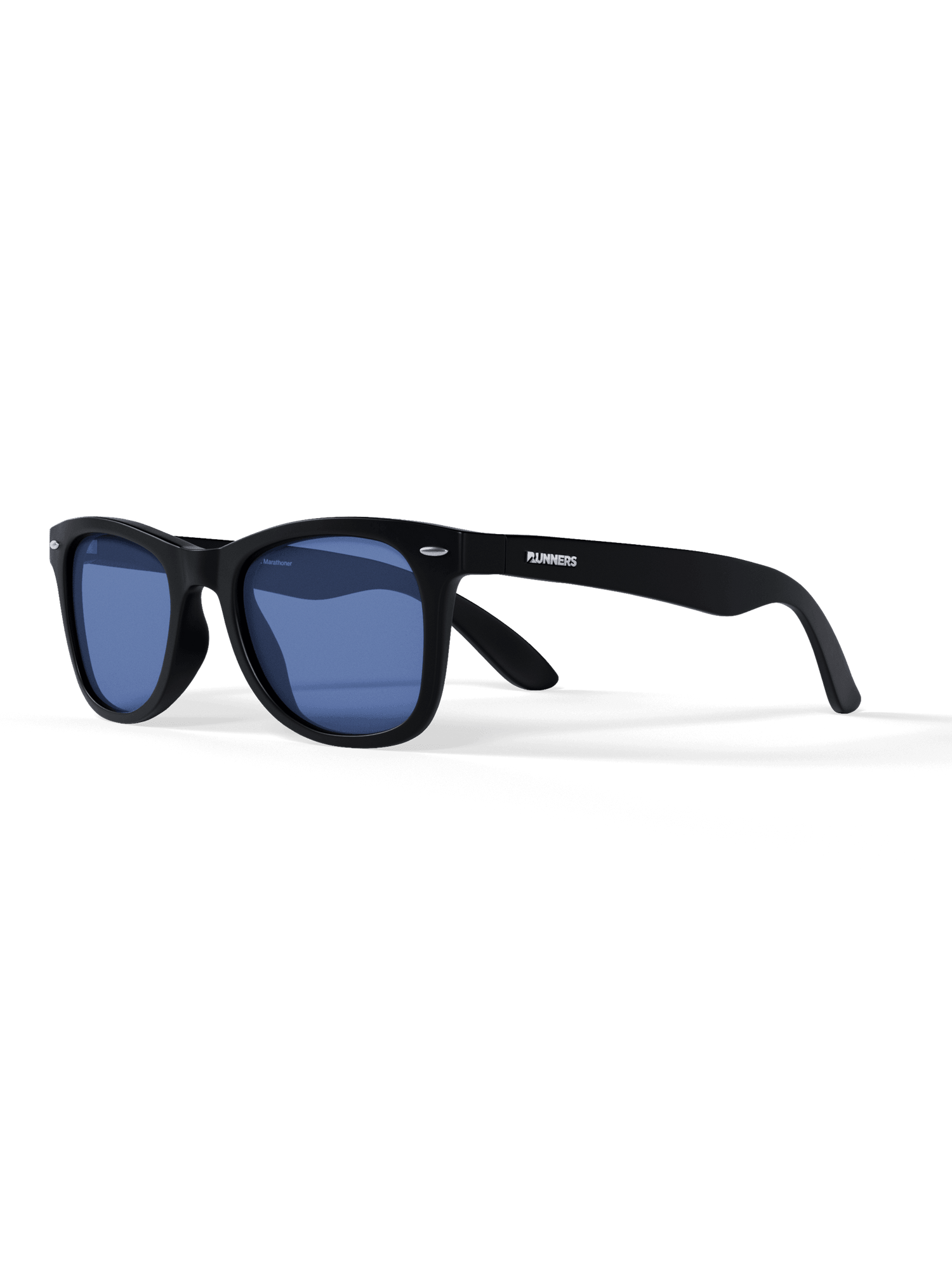 Black sunglasses with blue lenses on a transparent background