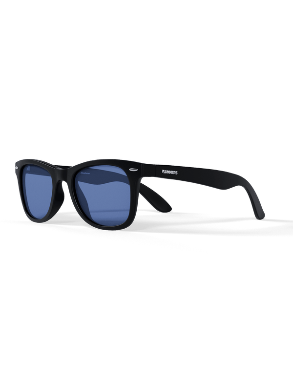 Black sunglasses with blue lenses on a transparent background
