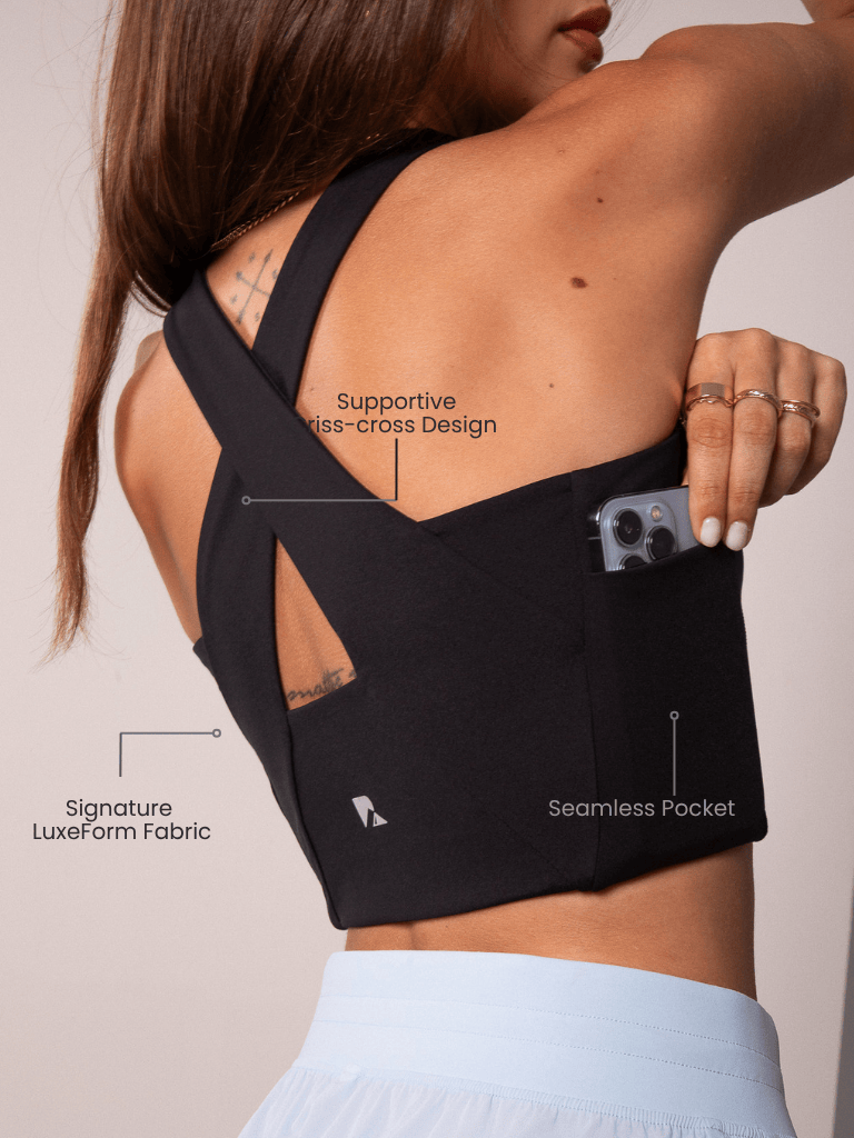Runner's Athletics LuxeForm Functional Tank, black sports bra with design features