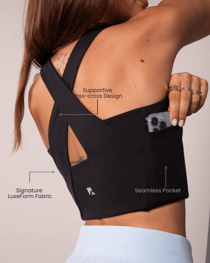 LuxeForm fabric detail on the Women's Workout Tank Top with Phone Pockets - Black