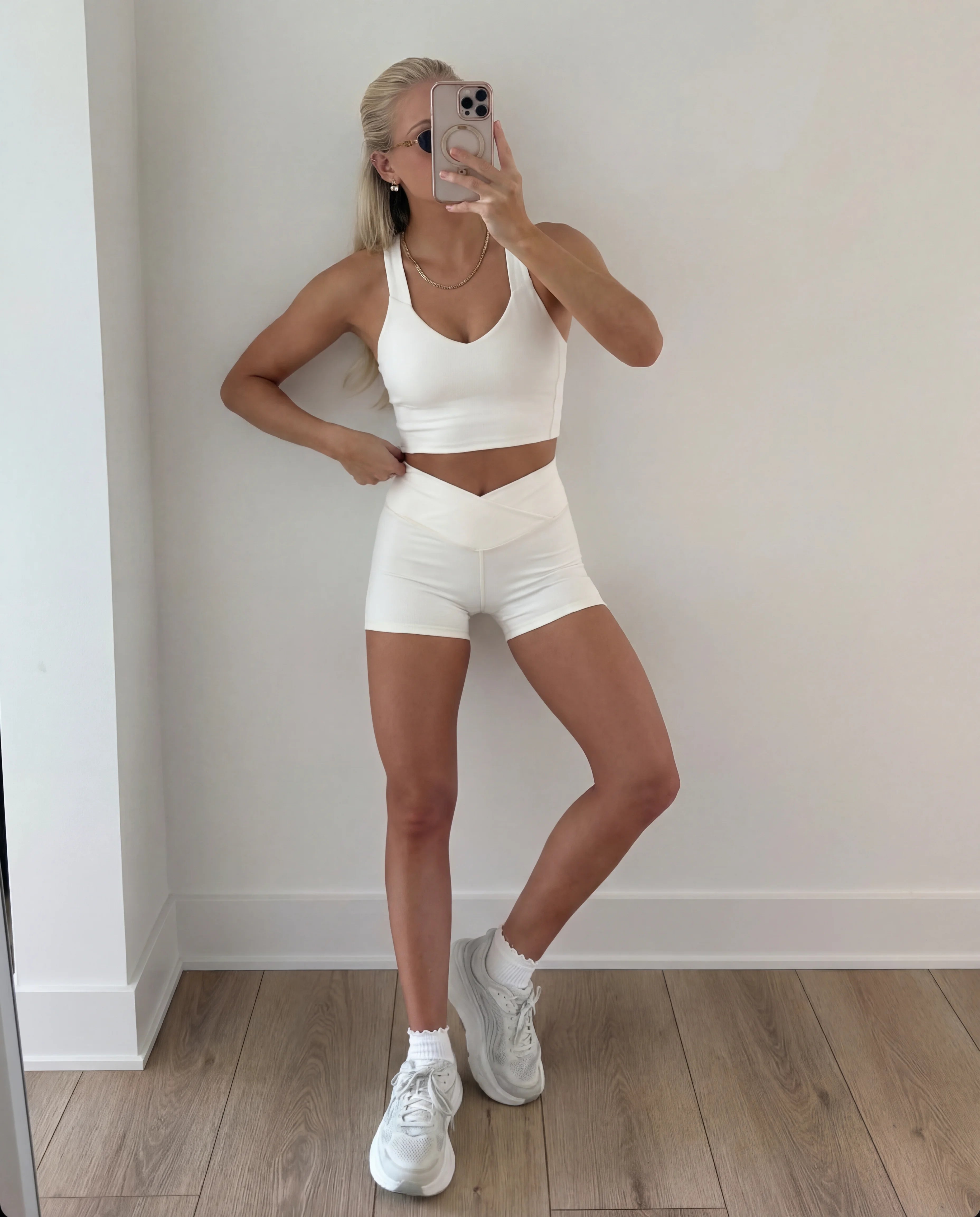 Beige workout set functional tank and sculpting shorts home mirror selfie full length