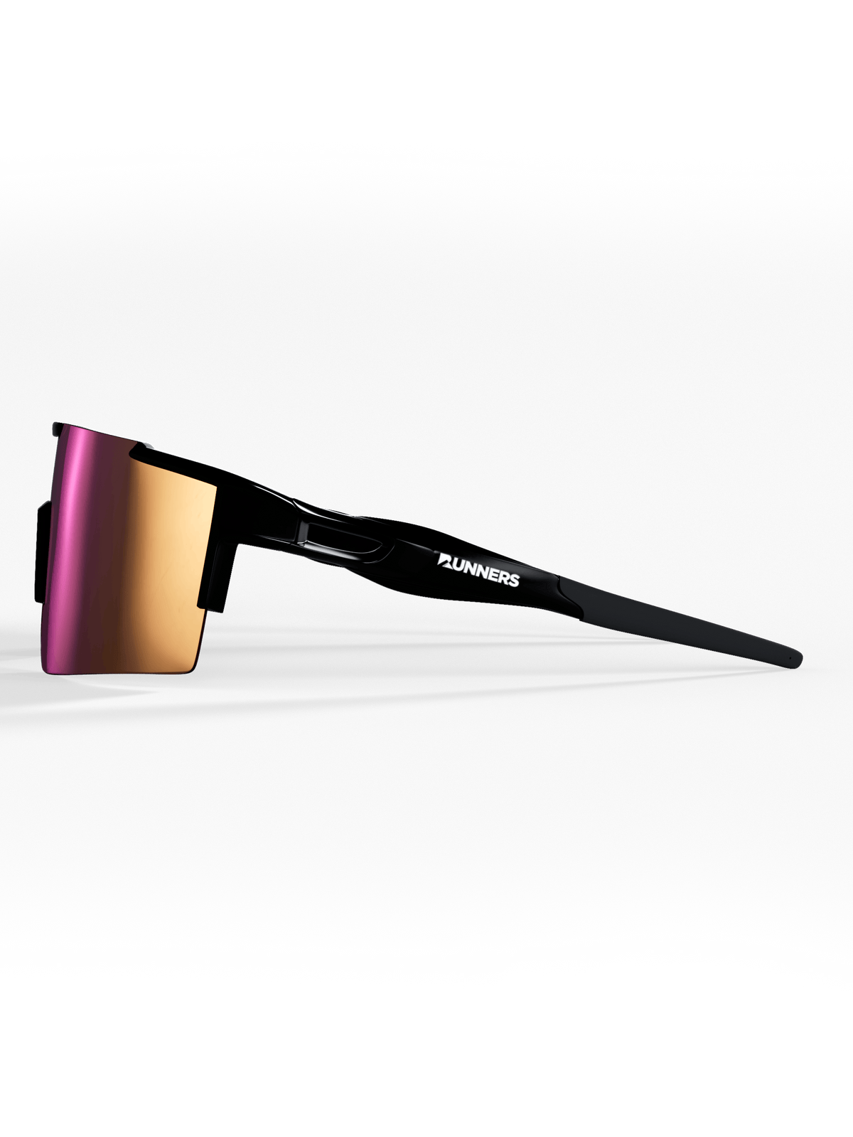 Side view of Cherry Pink X365 sunglasses with black frame and Runners logo