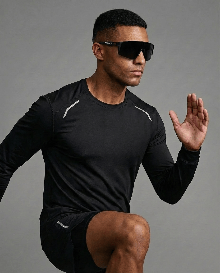 Man wearing black athletic wear and Blackout X365 sunglasses, running pose